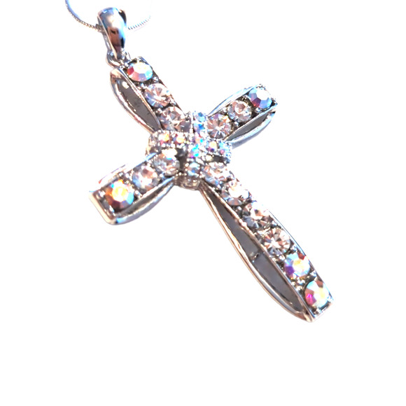 White Gold Plated Crystal Cross Necklace - Picture 5 of 12